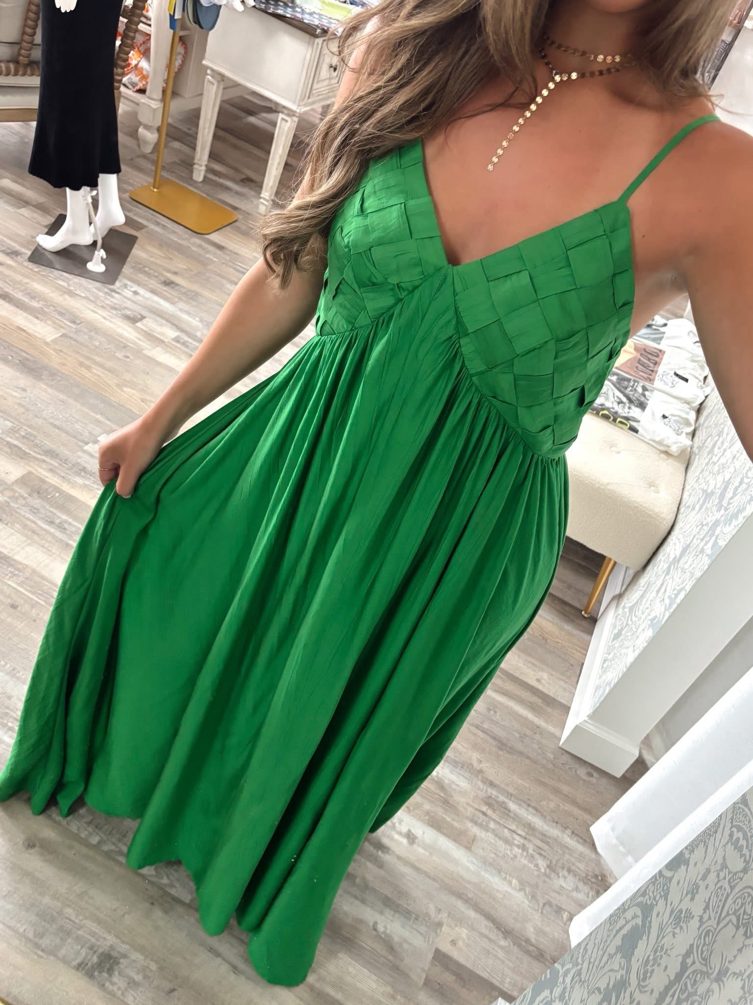 Kelly Green Woven lattice Bodice sleeveless maxi dress