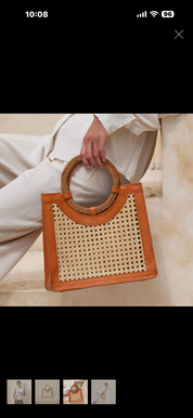Brown cane weave handbag with round handle