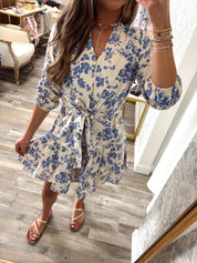 Charleston Blue Floral Print Dress With Waist Tie And Pockets