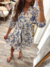 Charleston Blue Floral Print Dress With Waist Tie And Pockets