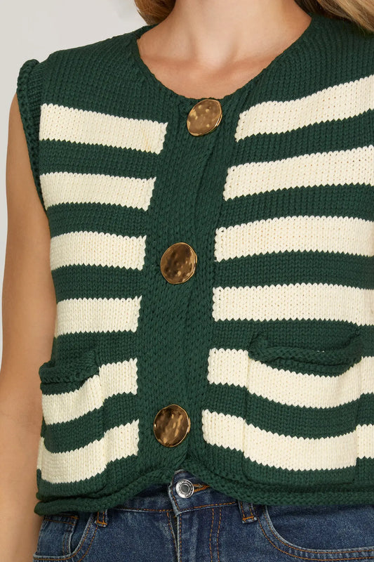 Green Striped Sleeveless Sweater Vest