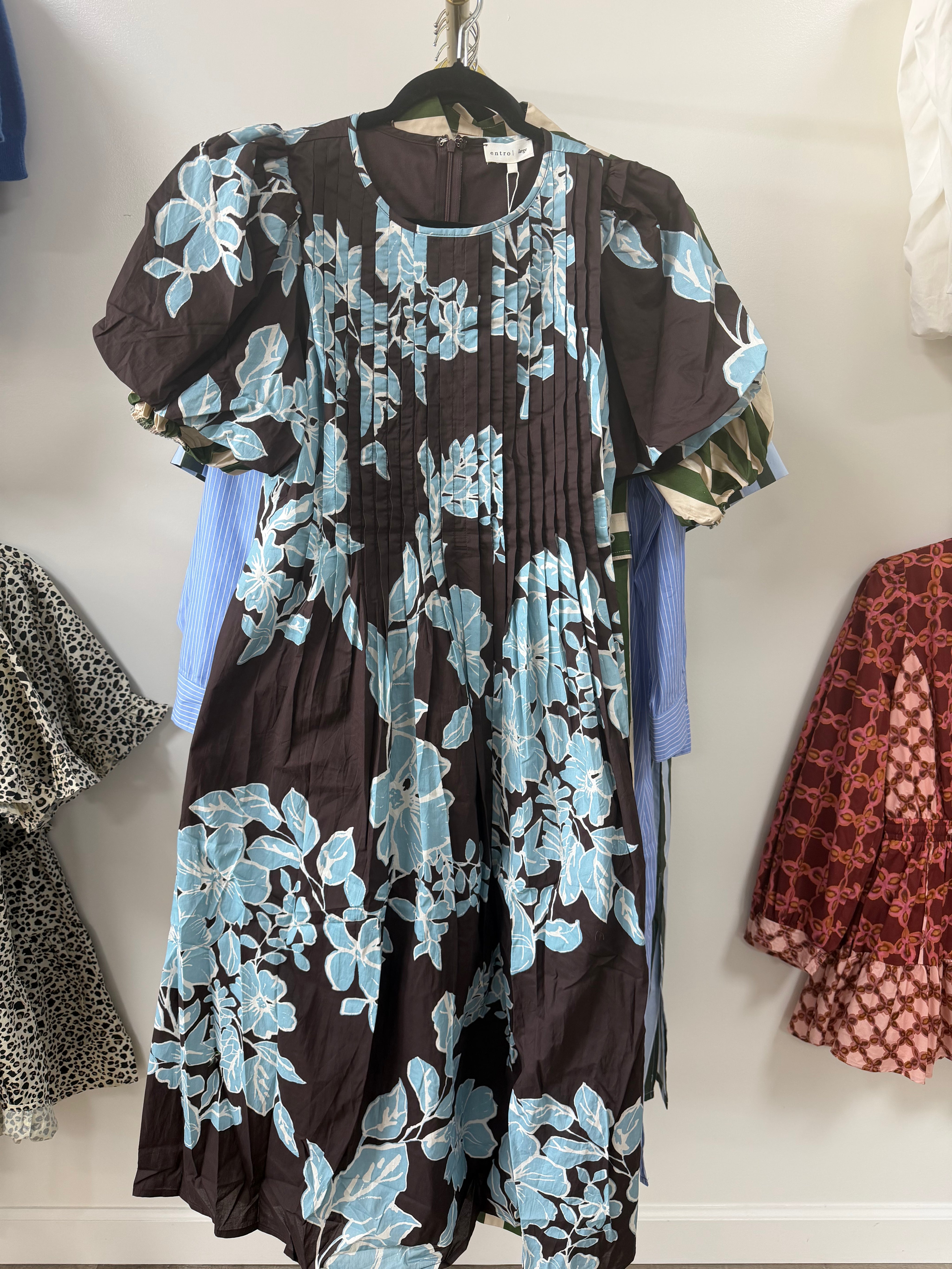 Chocolate & Blue Floral Pintuck Midi Dress
