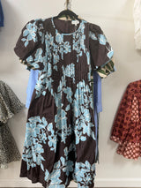 Chocolate & Blue Floral Pintuck Midi Dress