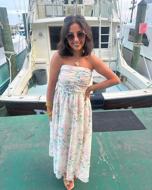 Vivian Floral Print Eyelet Strapless Midi Dress
