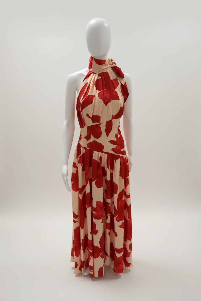 Pale peach/orange print halter neckline maxi dress