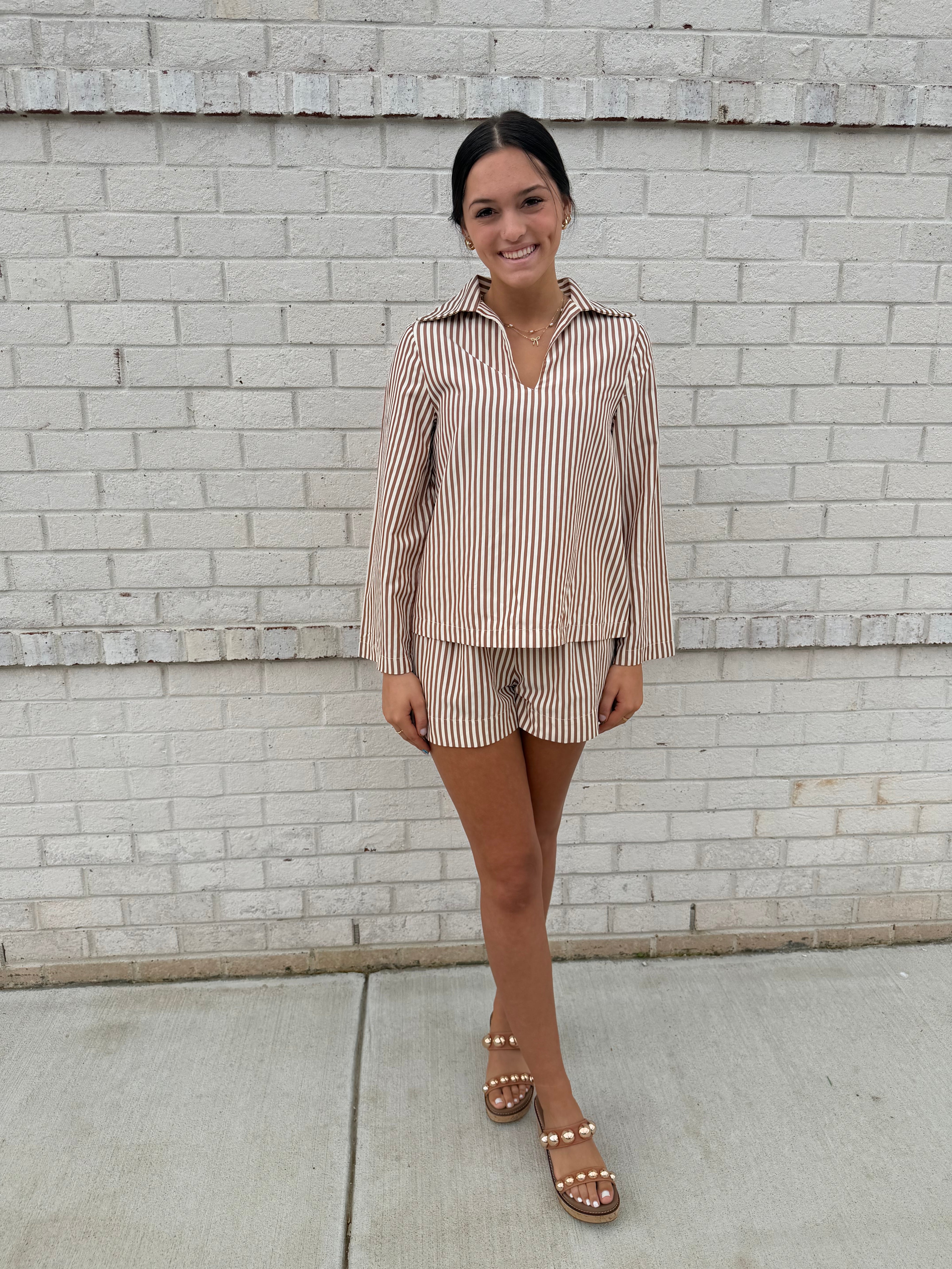 Brown/Cream stripe shorts set