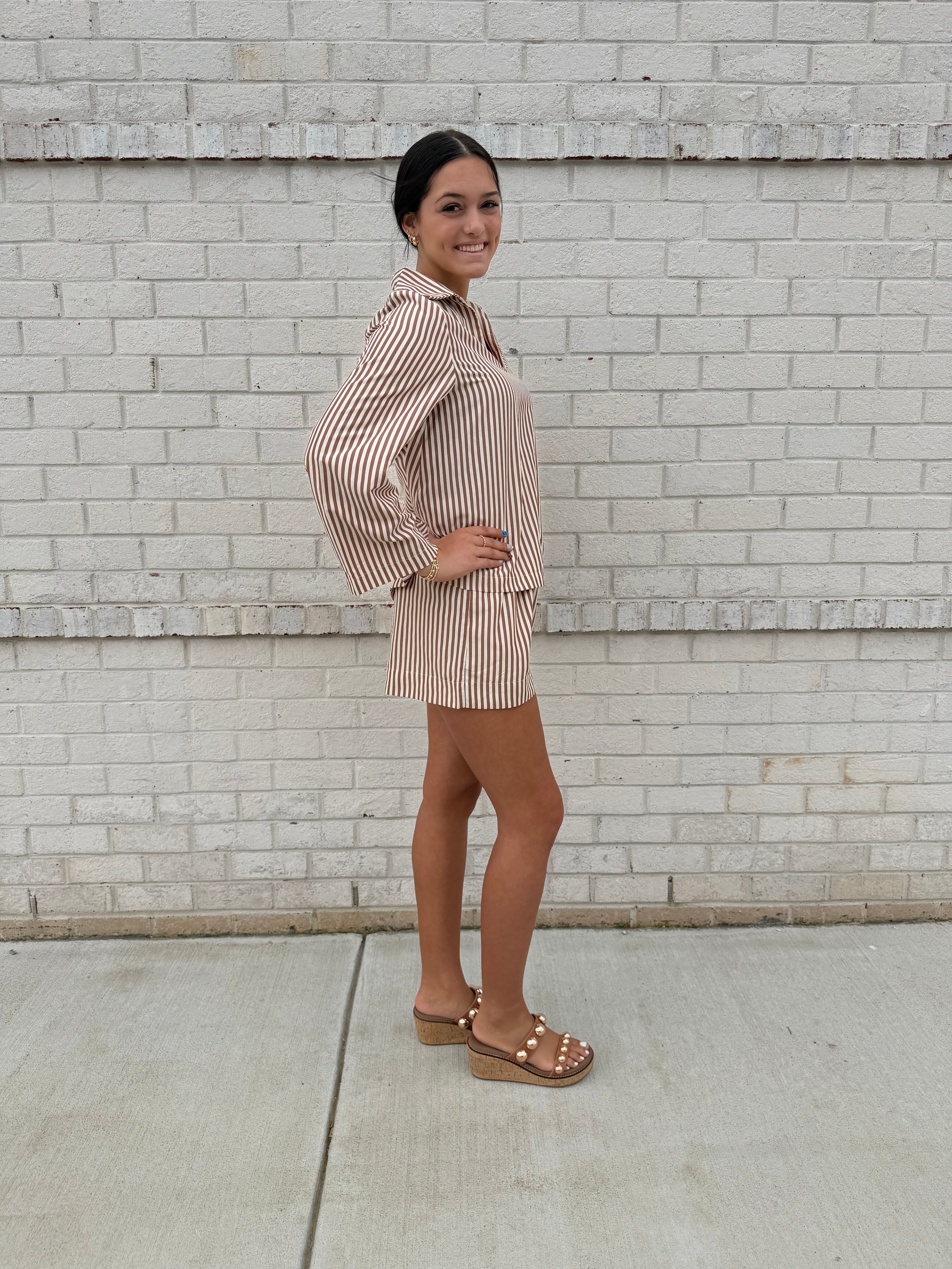 Brown/Cream stripe shorts set
