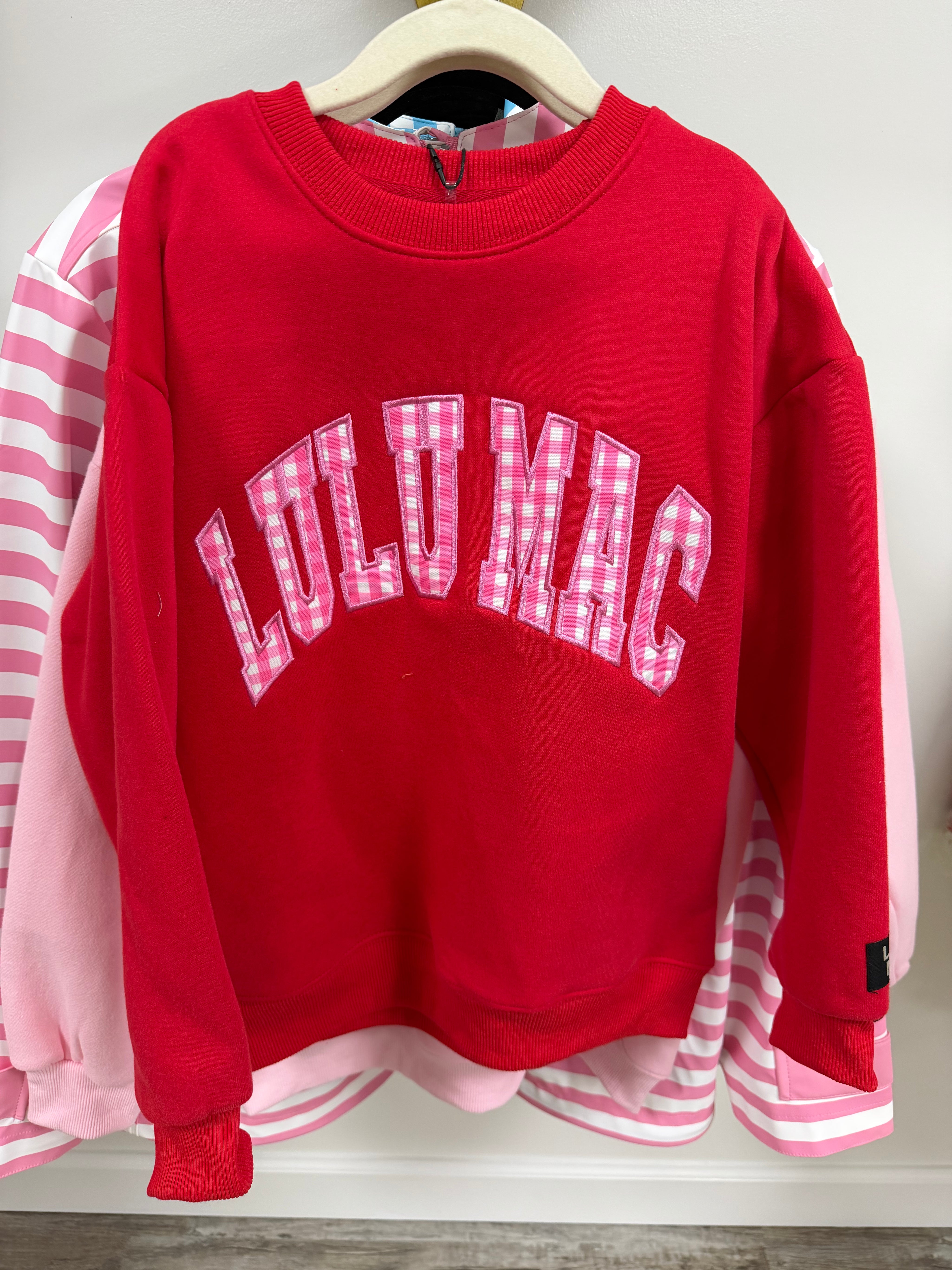 Lulu Mac youth red sweatshirt with gingham lettering