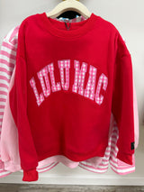 Lulu Mac youth red sweatshirt with gingham lettering