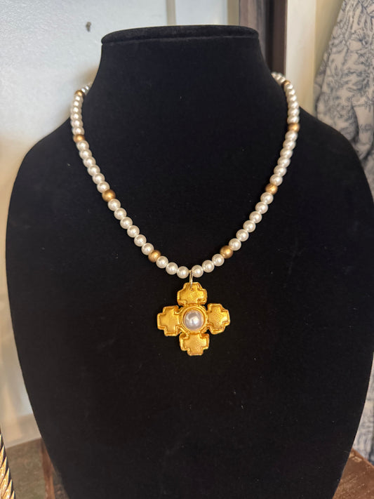 Hidden Truth 18” Small Pearls with 4 Point Pearl Cross Necklace