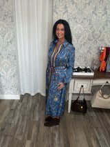 Printed Long Sleeve Button Down Midi Dress