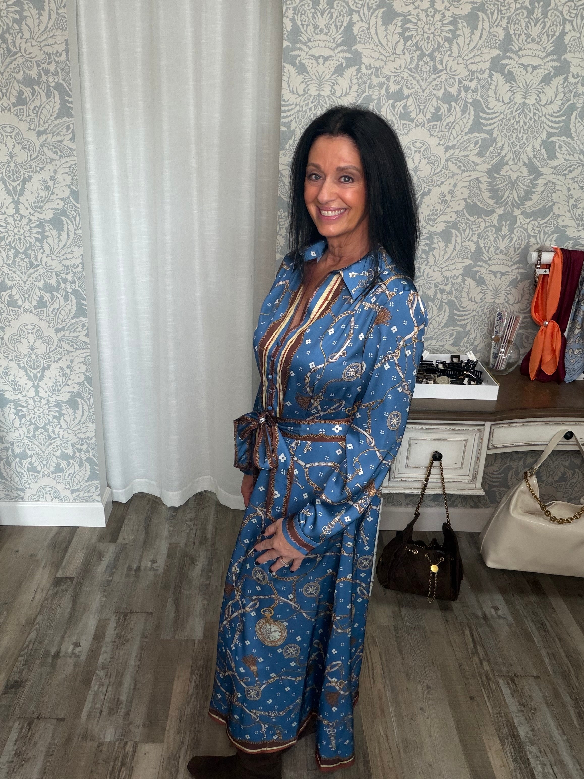 Printed Long Sleeve Button Down Midi Dress