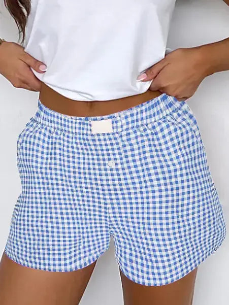 Gingham Print Shorts High Waist Elastic Casual Summer