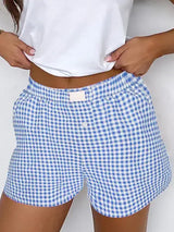Gingham Print Shorts High Waist Elastic Casual Summer