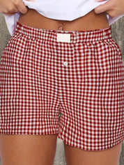 Gingham Print Shorts High Waist Elastic Casual Summer