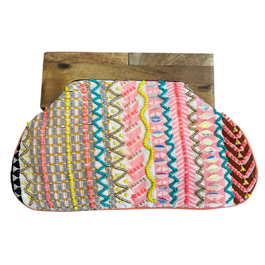 Beaded Clutch Bag with Wooden Handle for Women