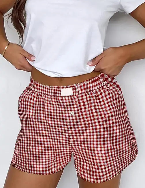 Gingham Print Shorts High Waist Elastic Casual Summer