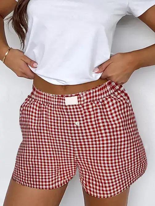 Gingham Print Shorts High Waist Elastic Casual Summer