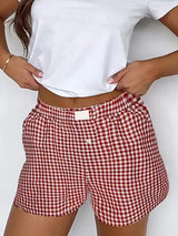 Gingham Print Shorts High Waist Elastic Casual Summer