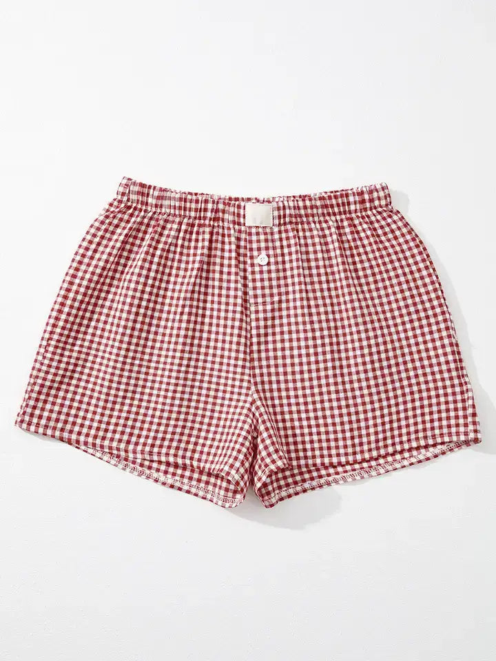 Gingham Print Shorts High Waist Elastic Casual Summer